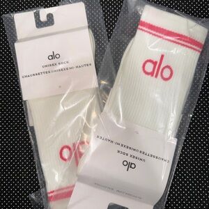 ALO Yoga White Socks with Pink Logo & Stripe Accents